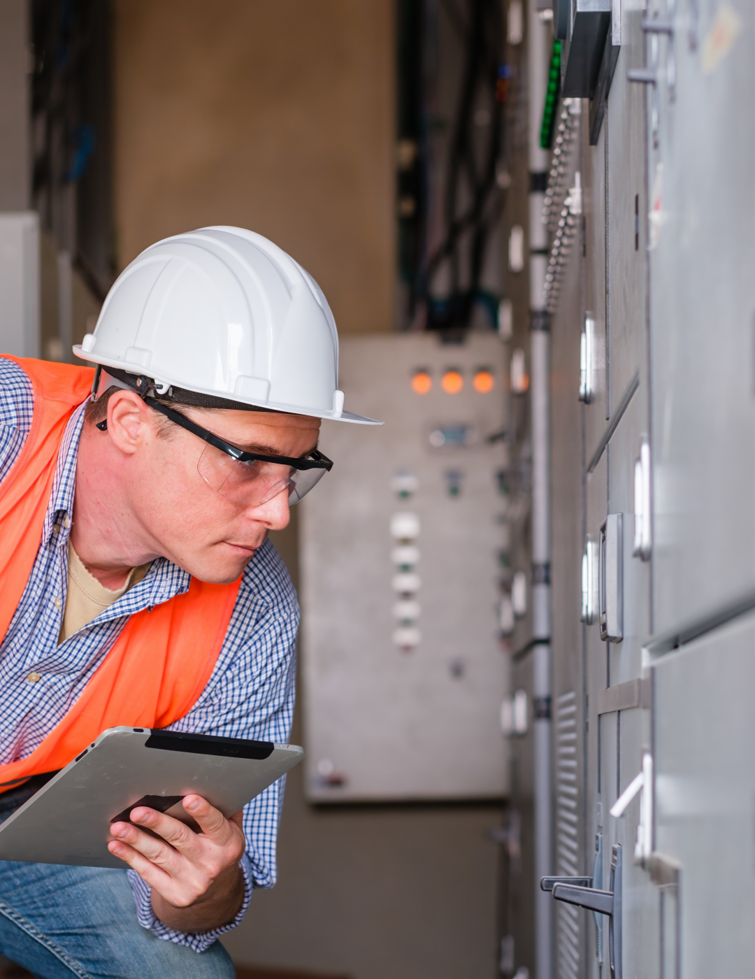 A man wearing a hard hat and safety vest is looking at a clipboard.