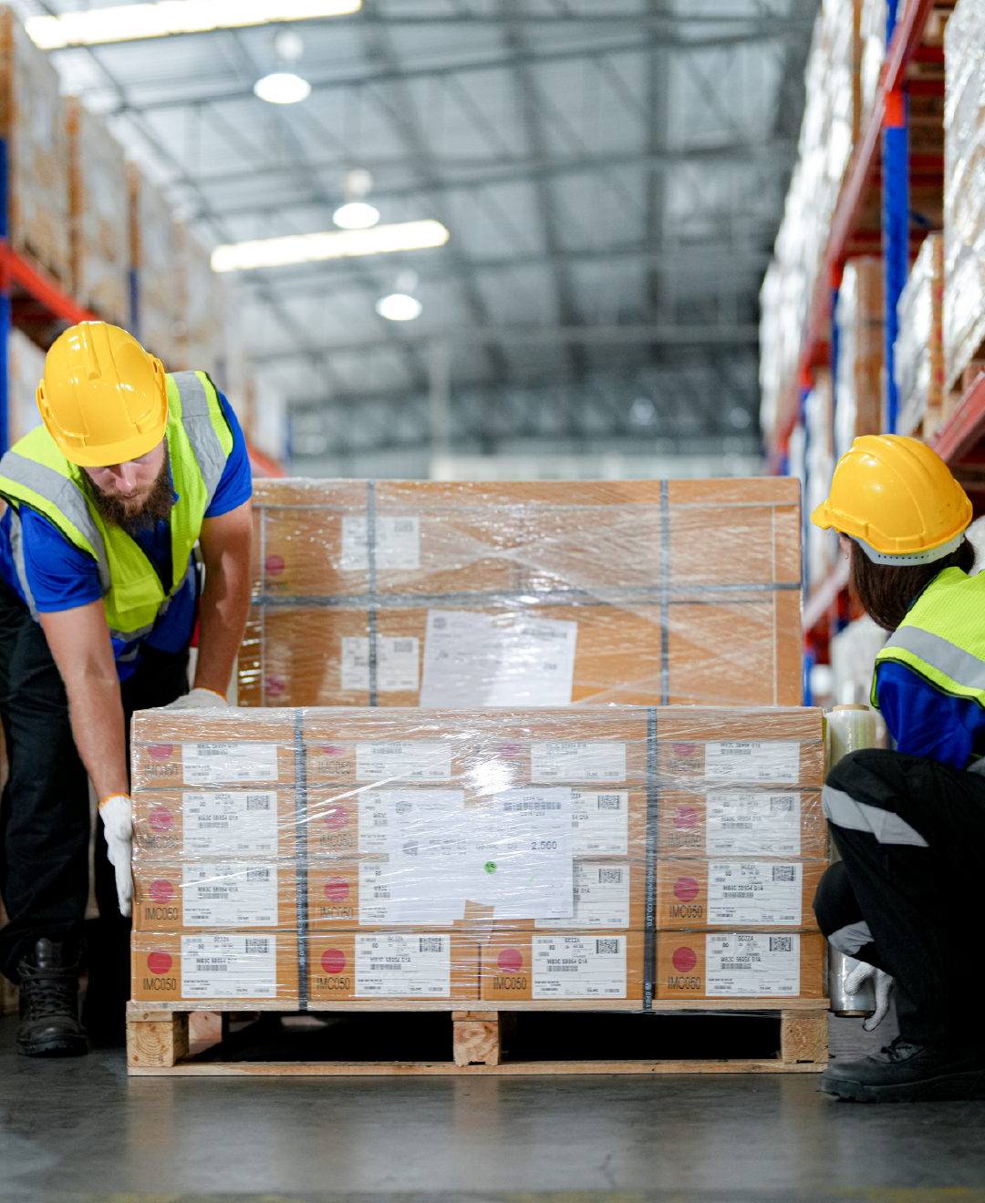 Two workers are lifting a pallet of boxes in a warehouse.