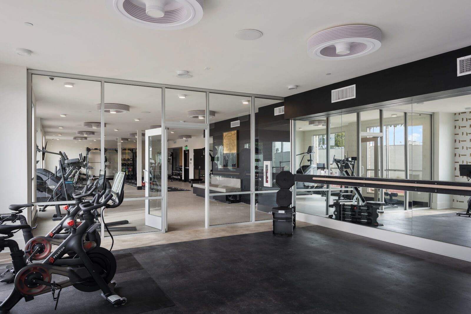 Gym with cardio machines, weight equipment, and mirrors at Echo Biltmore in Phoenix AZ.