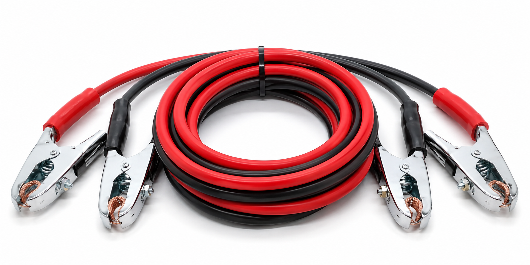 Coiled black jumper cables with red and black clamps on a light background