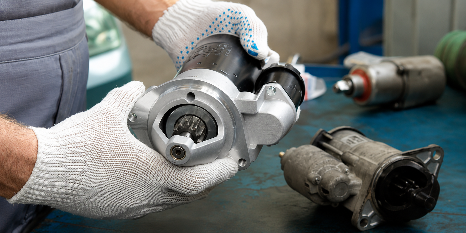 Close-up of a gray automotive starter motor on a workbench, with a gloved hand in the background