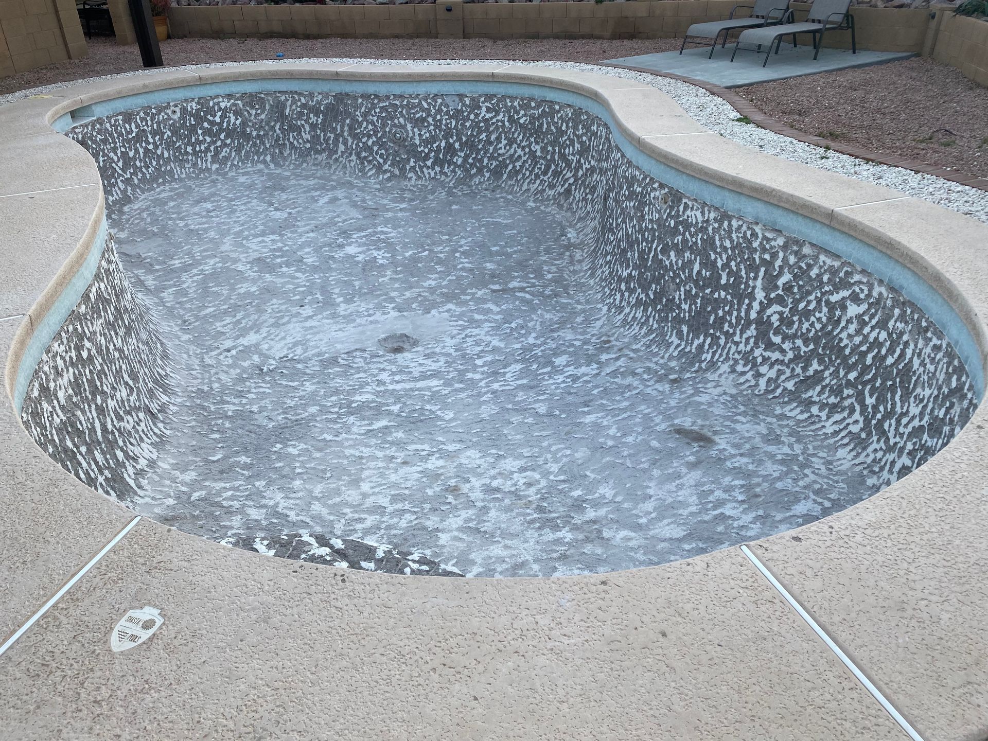 An empty, kidney-shaped pool with a textured interior and light-colored concrete deck.