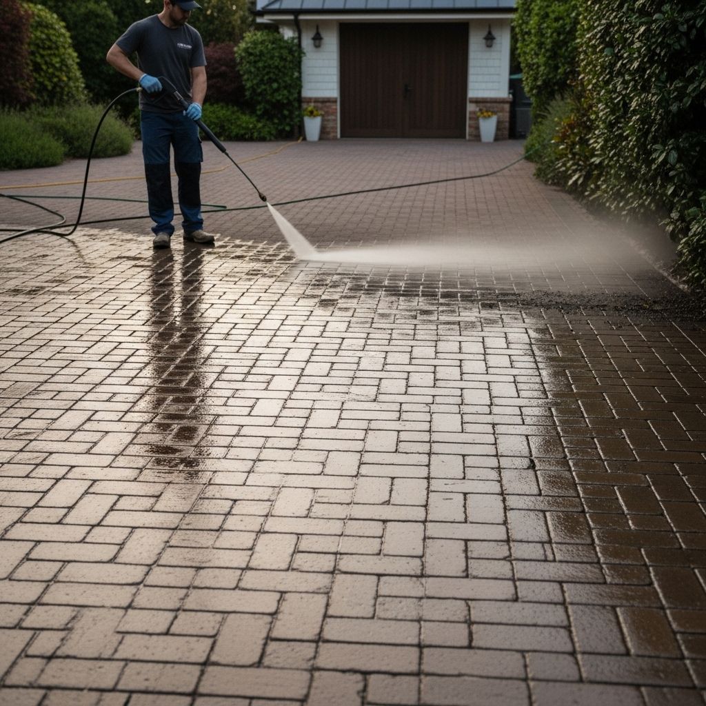 Man power washes a brick driveway with a pressure washer, spraying water across the surface.