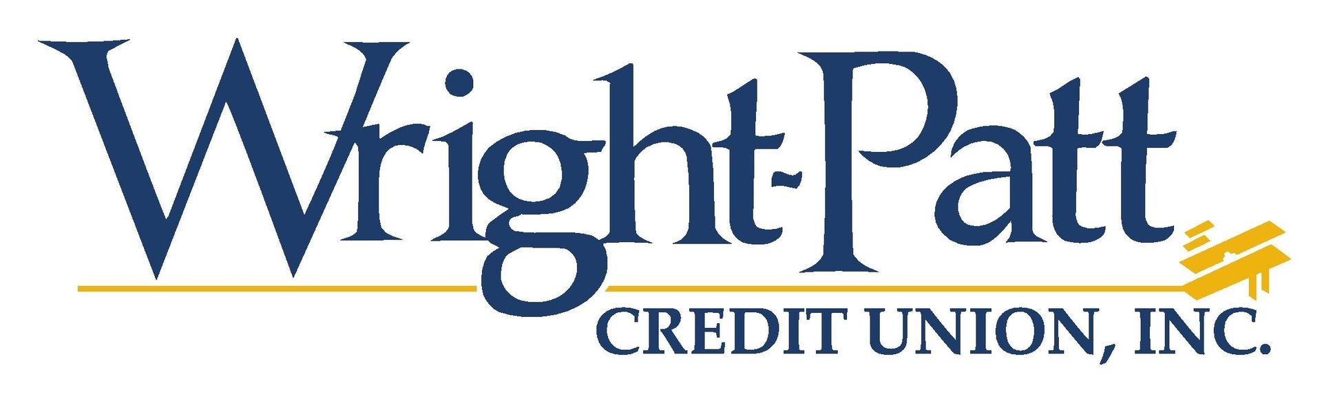 Wright-Patt Credit Union logo in navy blue, with a gold underline, and a gold arrow graphic.