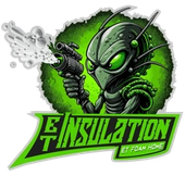Green alien mascot spraying insulation beside the text “E Tinsulation” on a white background