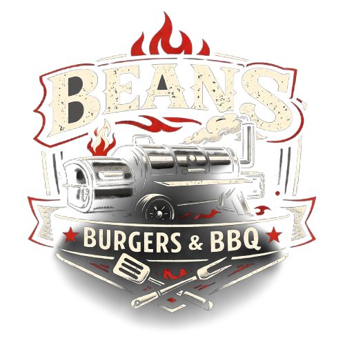 Logo for Beans Burgers & BBQ featuring a charcoal grill, cooking utensils, and flames in red, white, and black.
