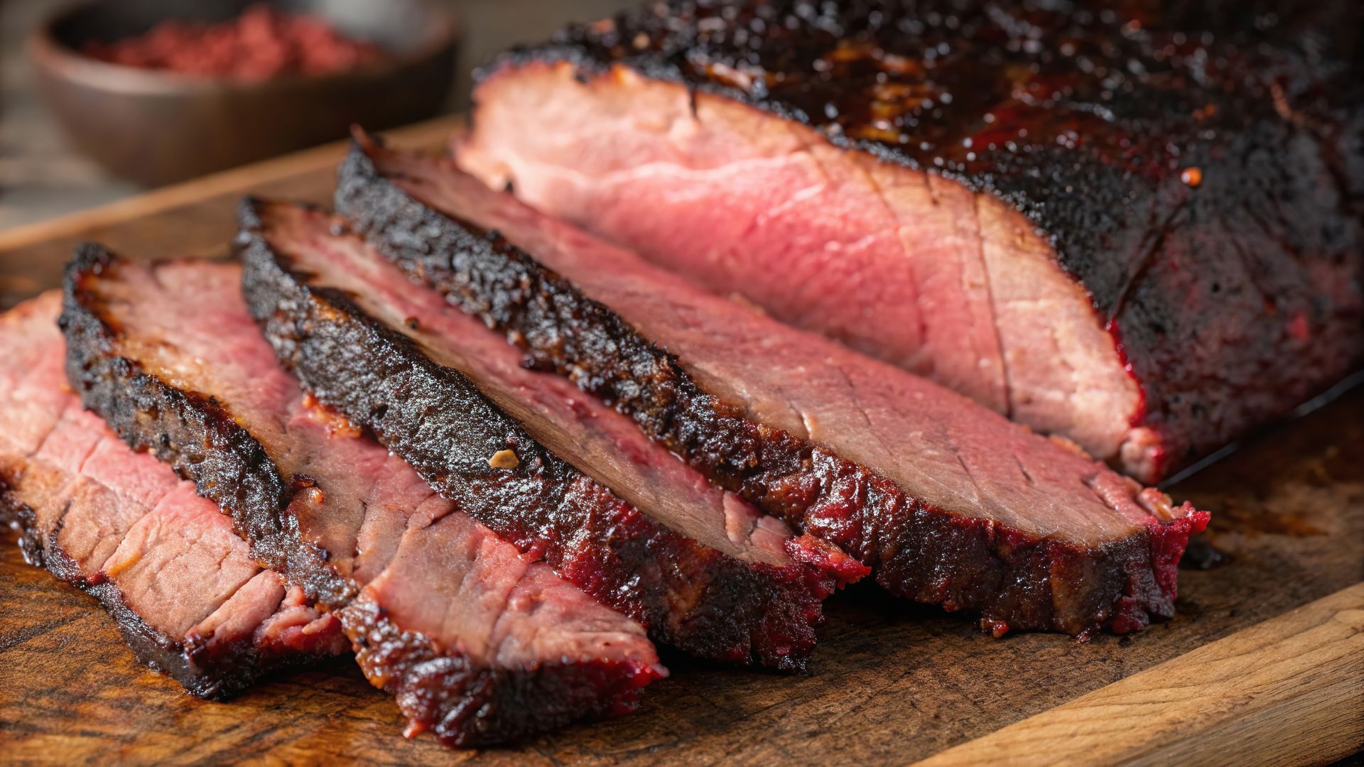Slices of smoked, pink-centered beef brisket with a dark, seasoned crust, arranged on a wooden cutting board.