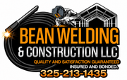 Bean Welding & Construction LLC logo with welding torch, steel beams, and orange phone number 325-213-1243