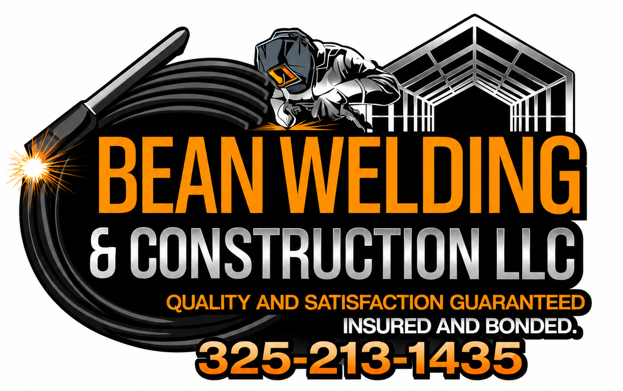 Bean Welding & Construction LLC logo with welding torch, steel beams, and orange phone number 325-213-1243