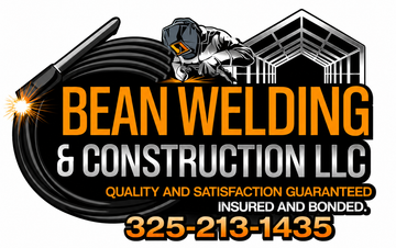 Bean Welding & Construction LLC logo with welding torch, steel beams, and orange phone number 325-213-1243
