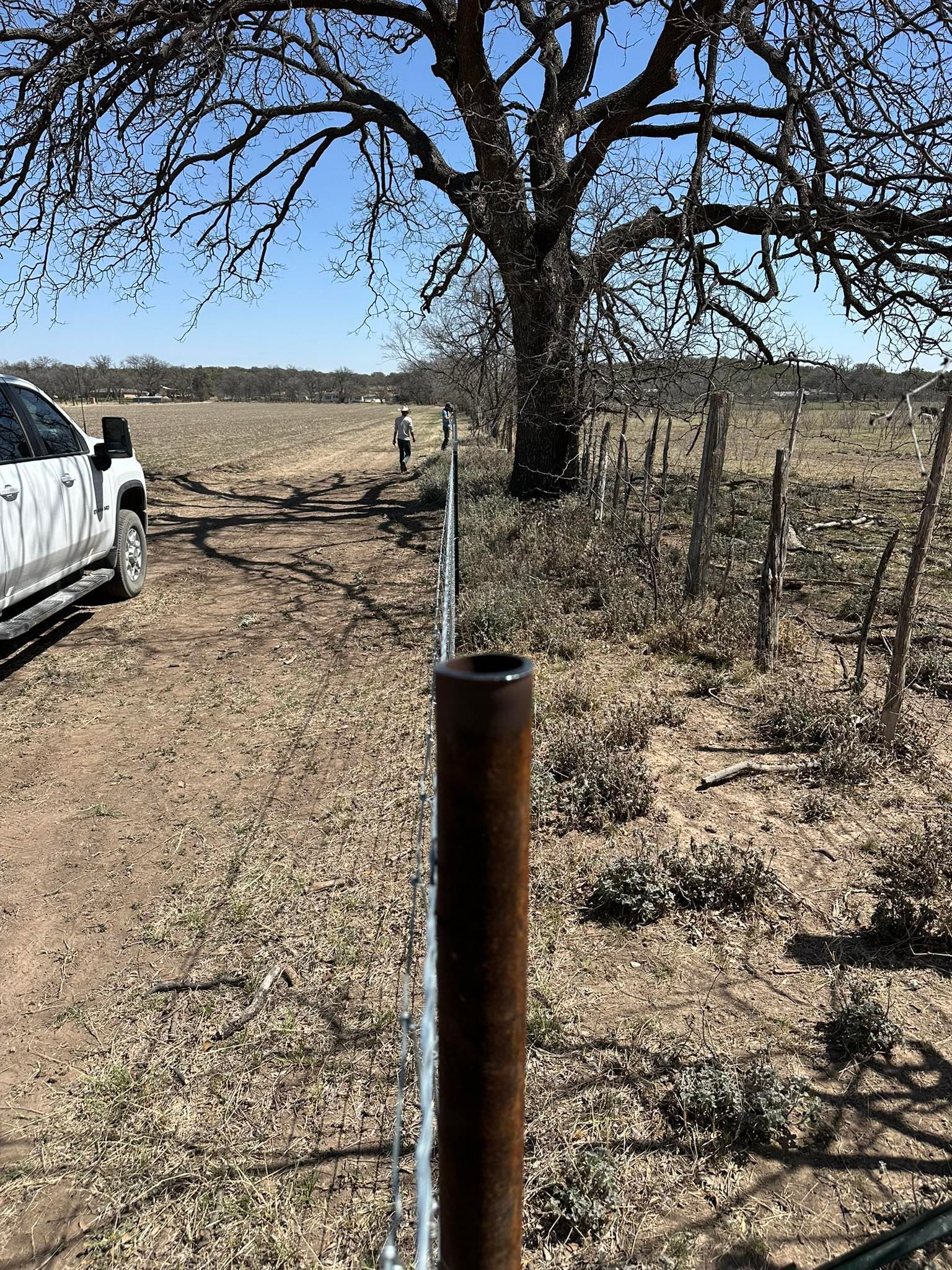 Rural dirt road beside a white truck, fence posts, and a large tree in a dry field