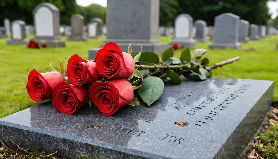 Red roses resting on a gravestone in a cemetery with blurred headstones in the background