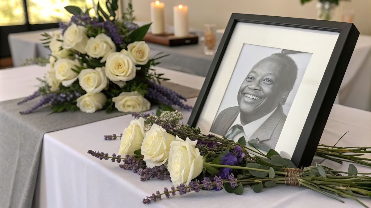 Memorial table with a framed portrait, white roses, candles, and purple floral arrangements