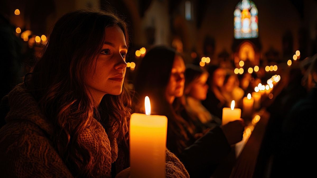 People holding candles in a dim church during a candlelight vigil