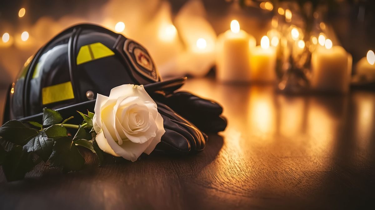 Firefighter helmet beside a white rose and black gloves, lit by warm memorial candles