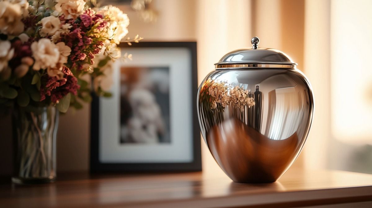 Silver urn on a wooden shelf beside a flower vase and framed photo in warm indoor light