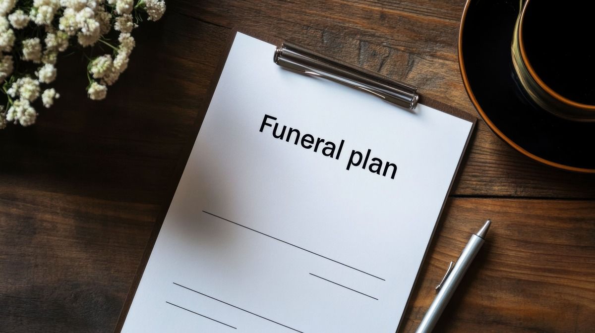 Funeral plan on a clipboard with pen on a wooden desk, beside flowers and a coffee cup