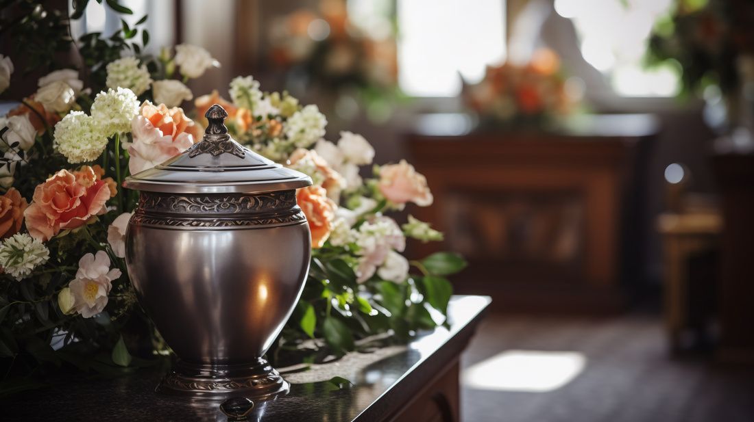 Silver urn surrounded by white and peach flowers on a polished table in a softly lit room