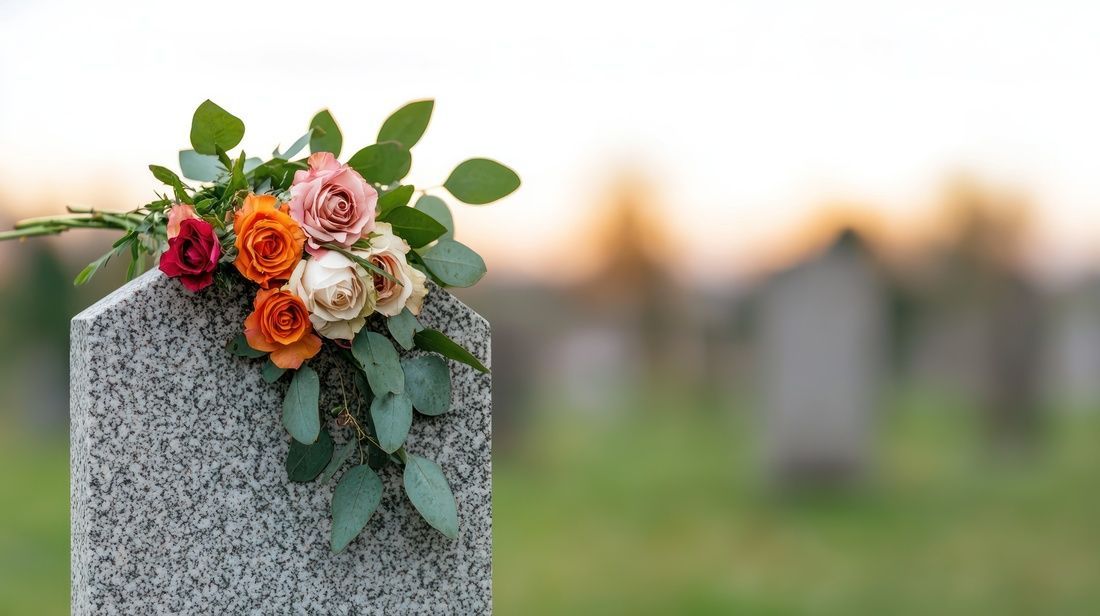 Floral arrangement on a gray gravestone in a cemetery at sunset