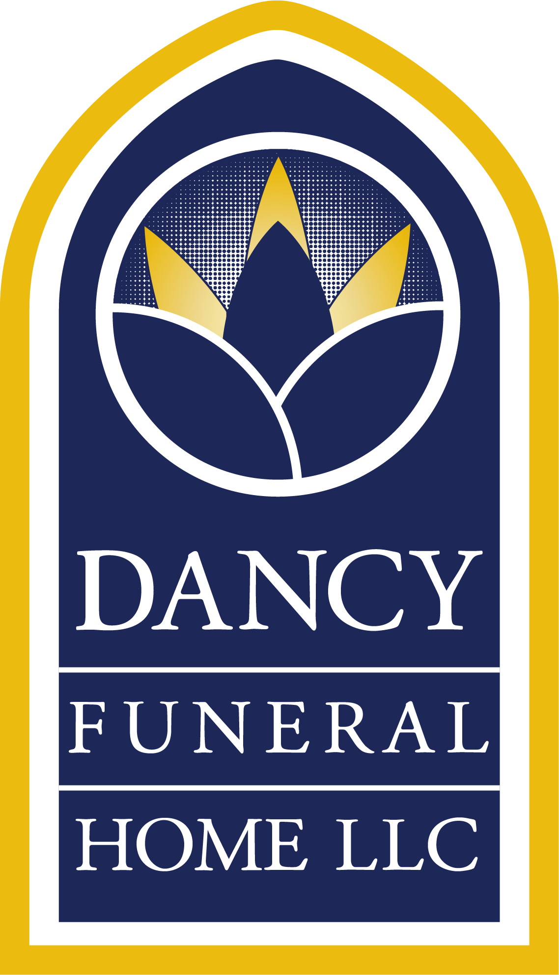 Logo for Dancy Funeral Home LLC with white text on a navy and gold emblem background