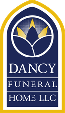 Dancy Funeral Home LLC logo in blue and gold with a stylized flower emblem