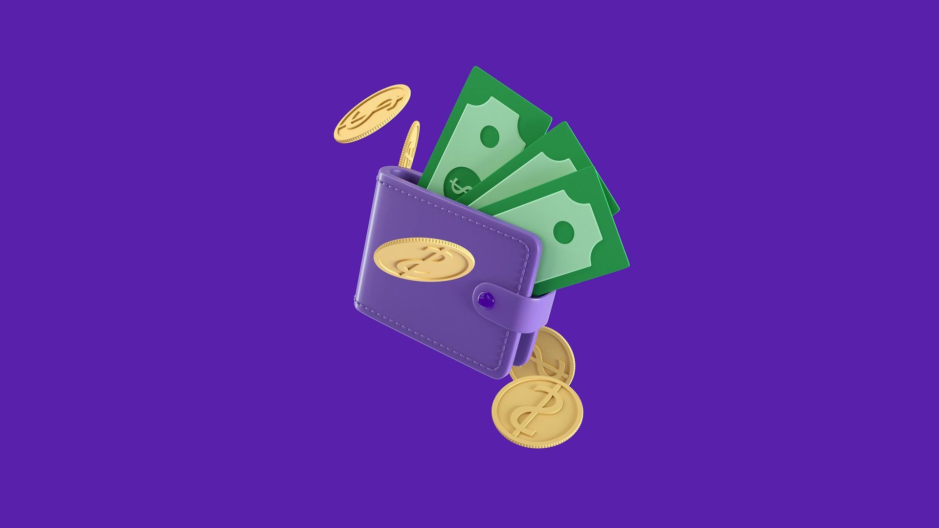 Purple wallet filled with cash and coins floating on a purple background