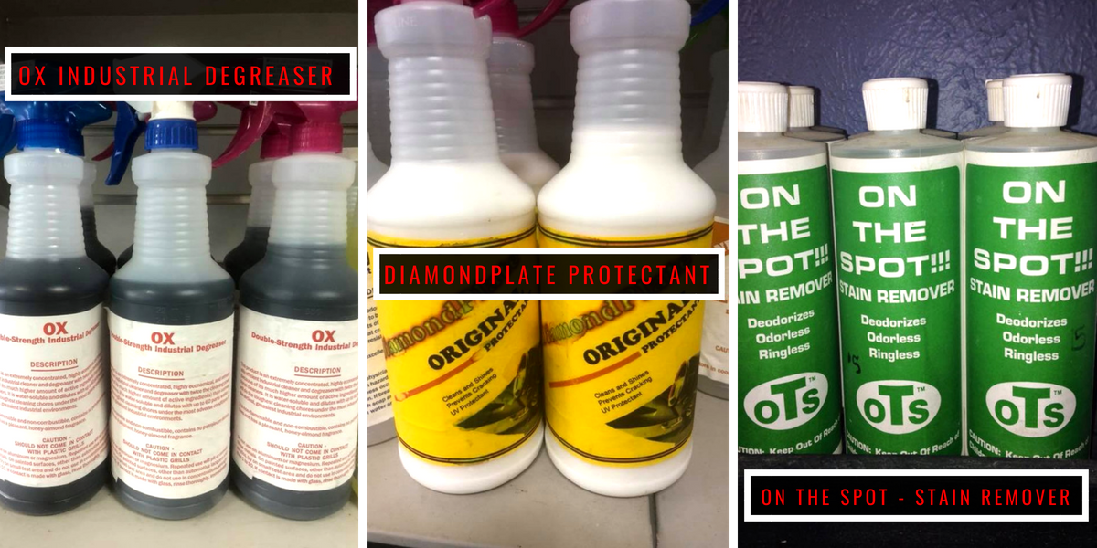 Three product photos of labeled spray bottles: blue, yellow, and green bottles arranged side by side.