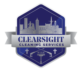 Logo for Clearsight Cleaning Services featuring a cityscape, cross, and text: Clearsight Cleaning Services.
