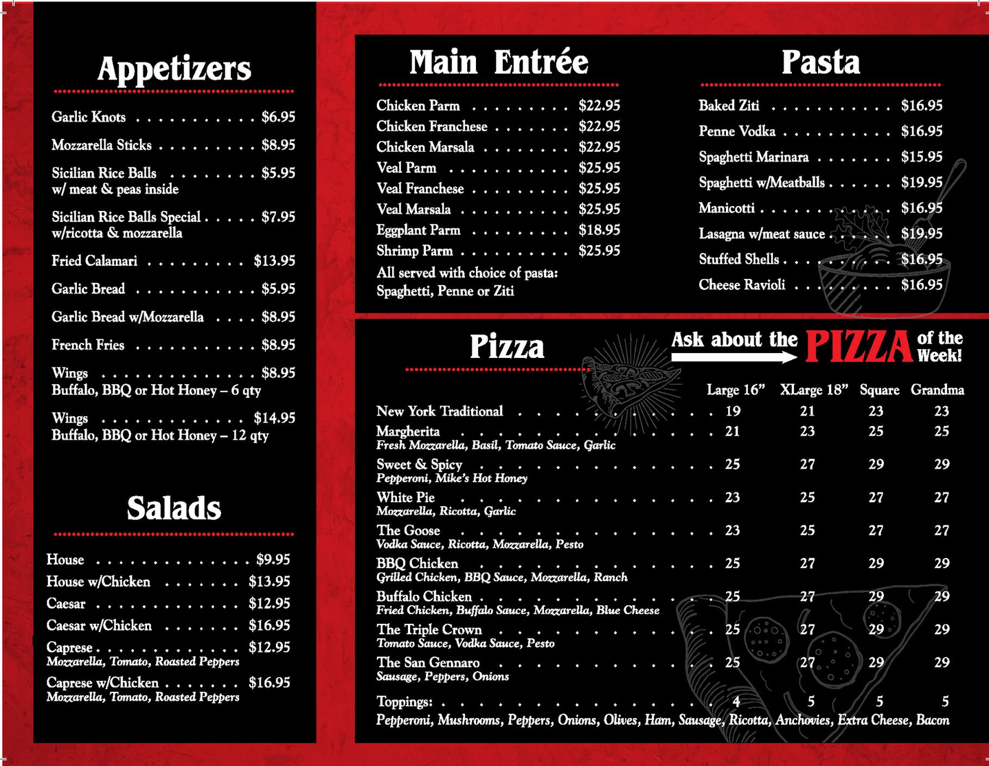 A menu with appetizers main entree pasta and salads