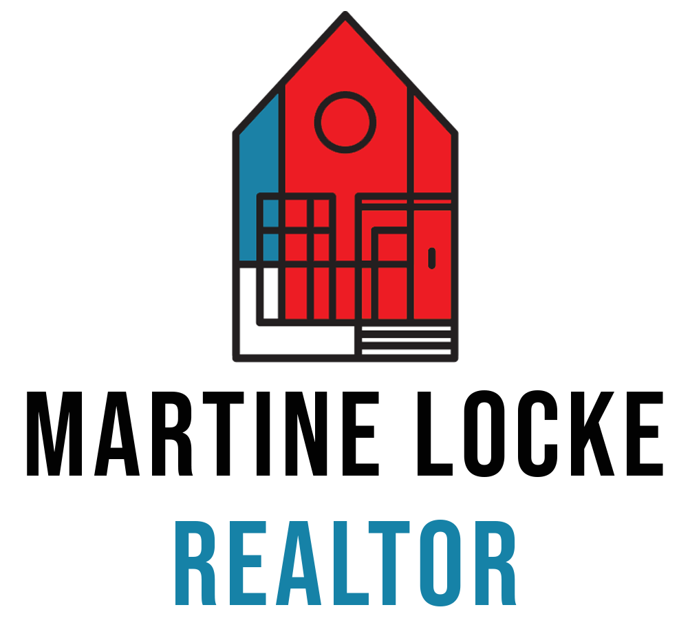 Martine Locke Realtor logo with red, blue, and black house icon and bold text