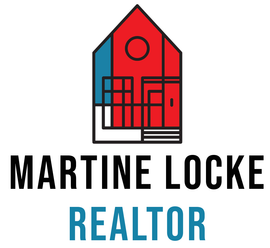 Martine Locke Realtor logo with red, blue, and black house icon and bold text