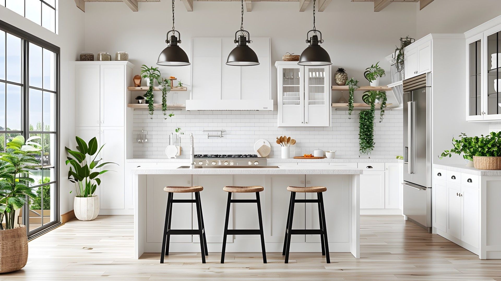 Bright modern white kitchen with island, black stools, pendant lights, and large windows