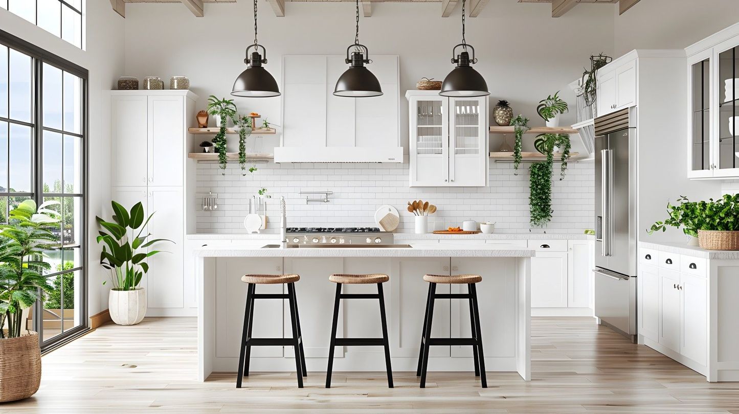 Bright modern white kitchen with island, black stools, hanging lights, and plants by large windows