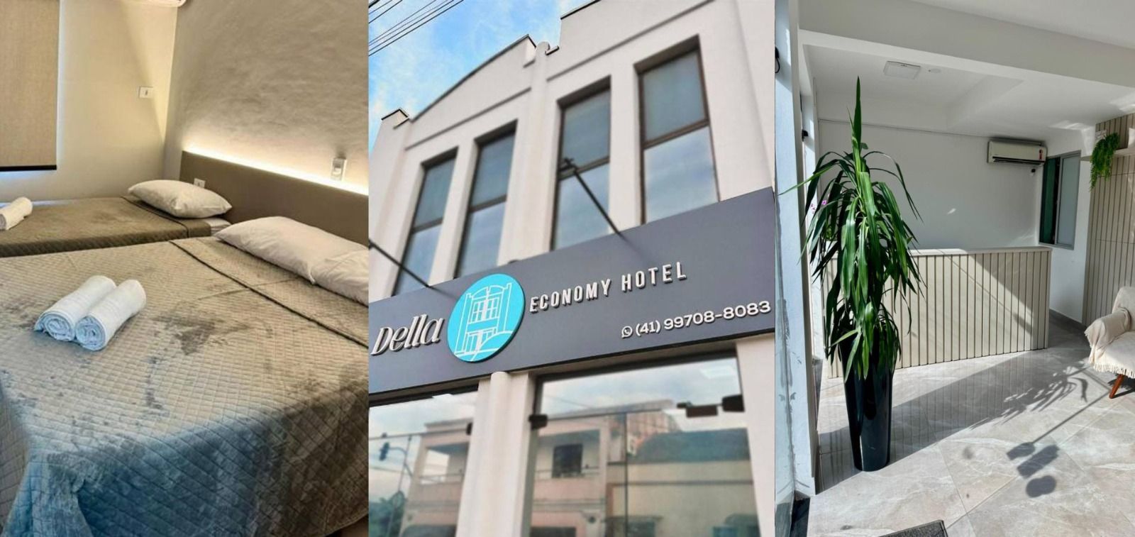 Uma colagem mostrando um quarto de hotel com duas camas, a fachada do prédio com a sinalização e uma área interna de mesas de um café.