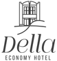 Logotipo do Della Economy Hotel apresentando uma ilustração em estilo linear de um edifício acima do nome do hotel em uma fonte serifada.