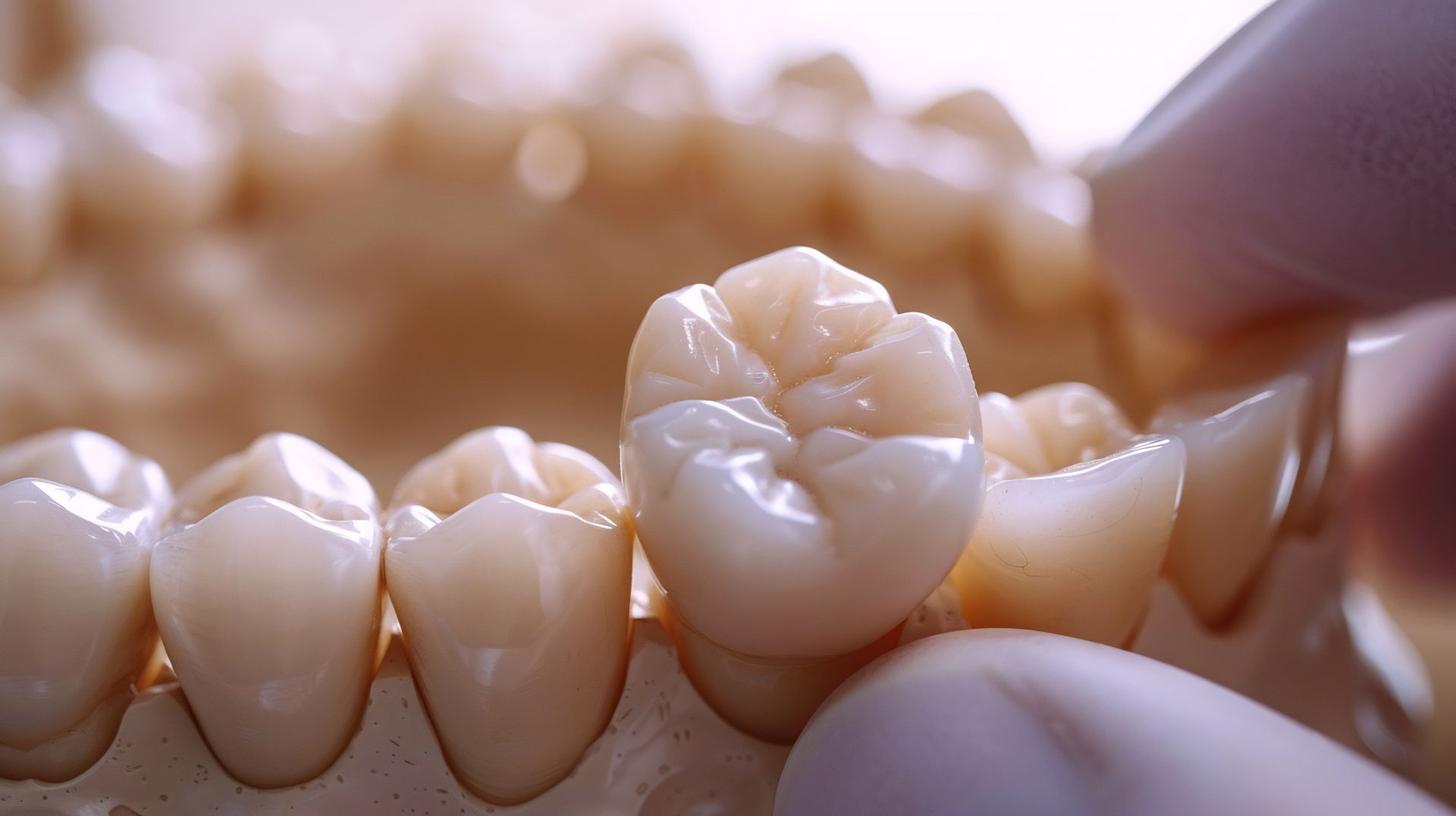 A close-up of a dental crown being held over a model of teeth. The crown is white and new.