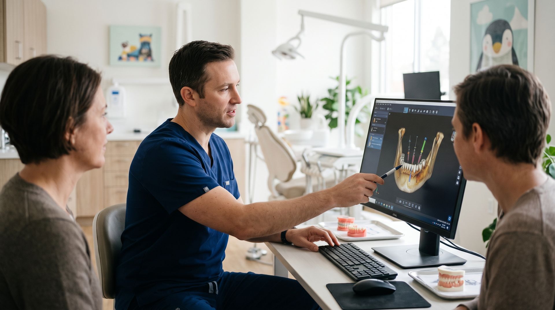 Three people review a dental X-ray on a computer in a bright clinic office.