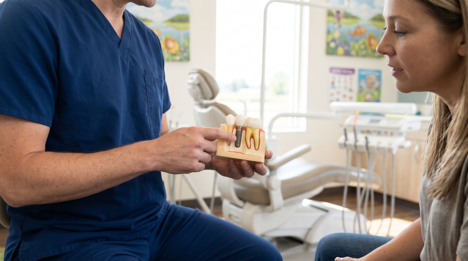 Dentist showing a patient a dental model in a bright exam room.