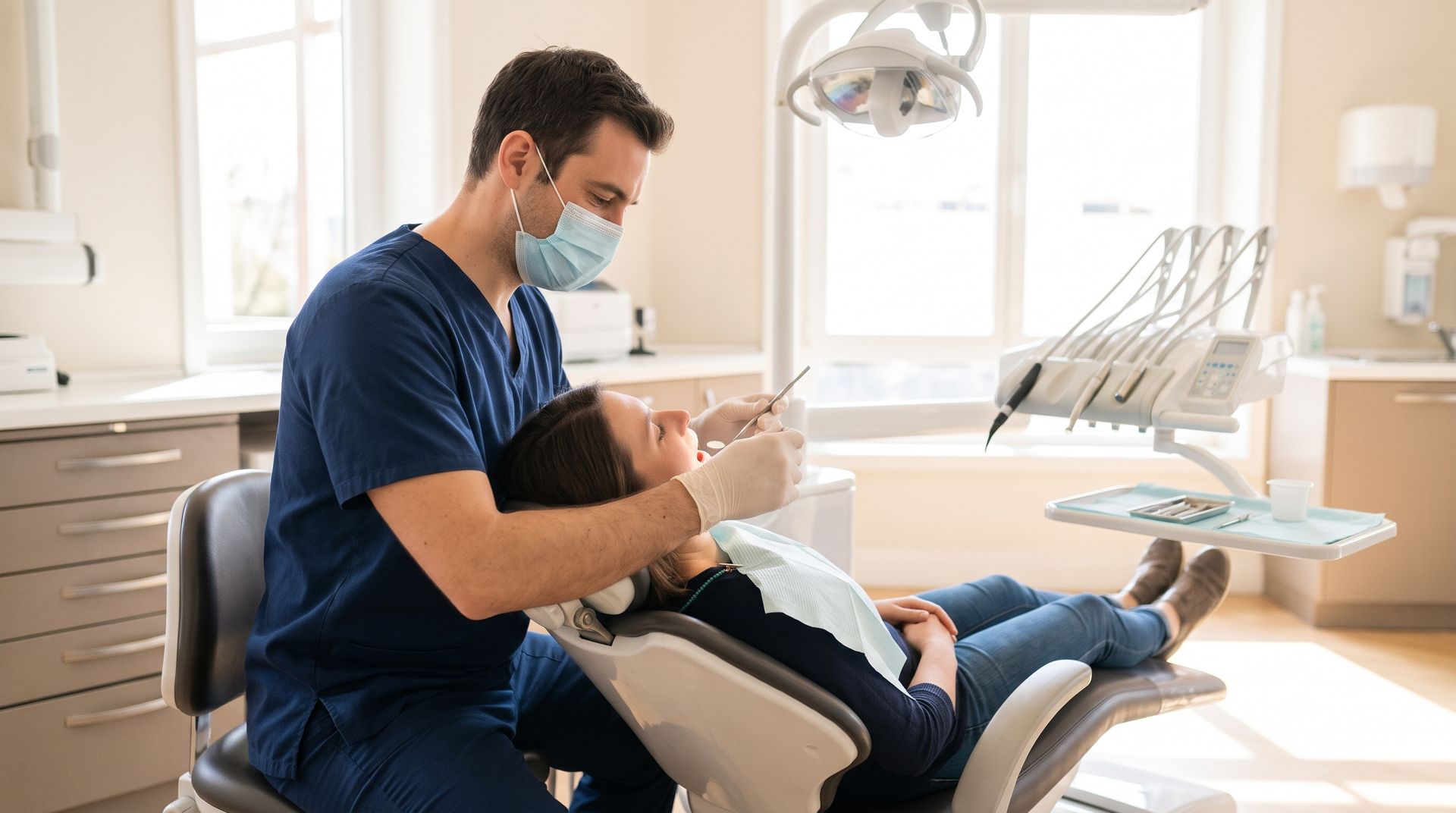 Dentist examining a reclining patient in a bright dental office