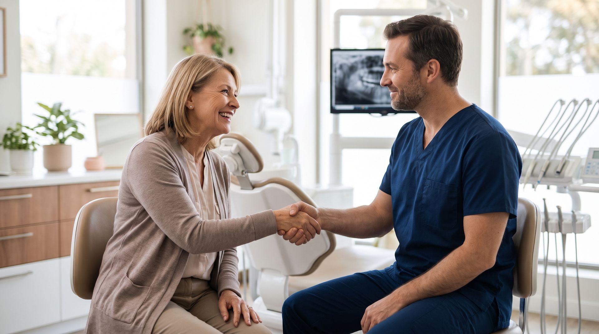 Two people shaking hands in a bright clinic waiting room, with an X-ray image in the background.