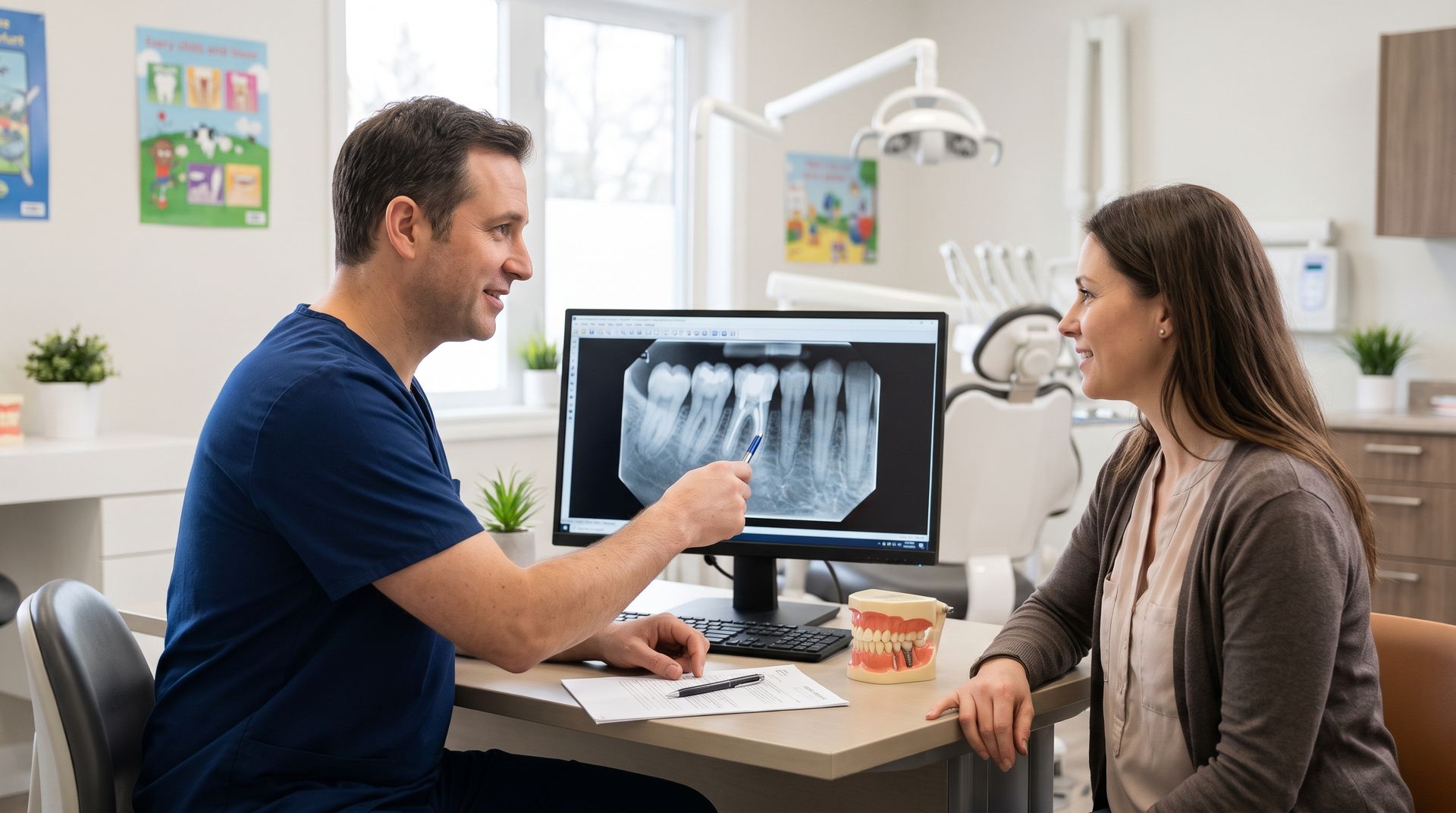 Dentist showing X-rays to a patient in a bright clinic office