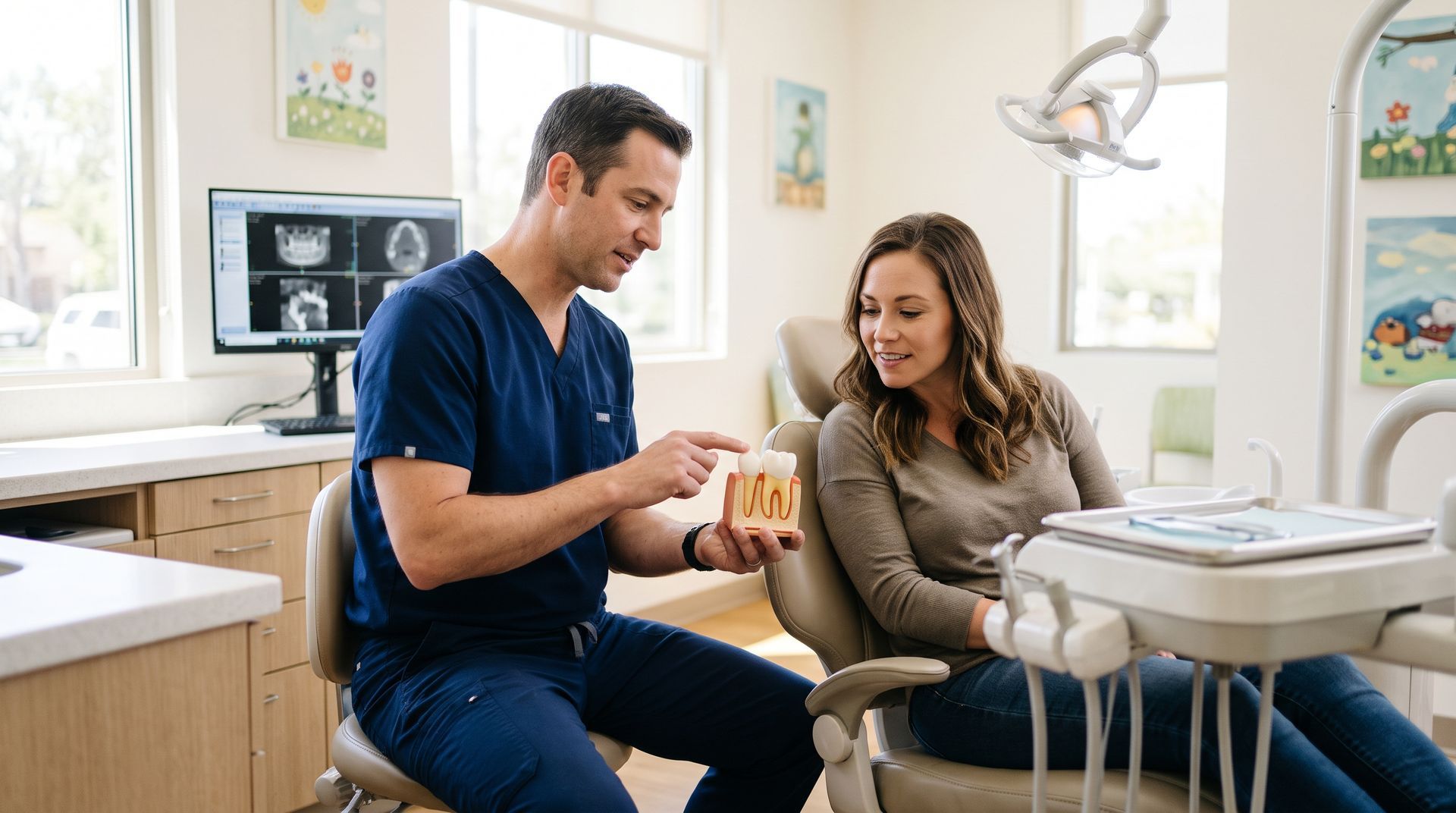 Two people talking beside a dental chair in a bright, modern clinic, smiling and holding a cup.