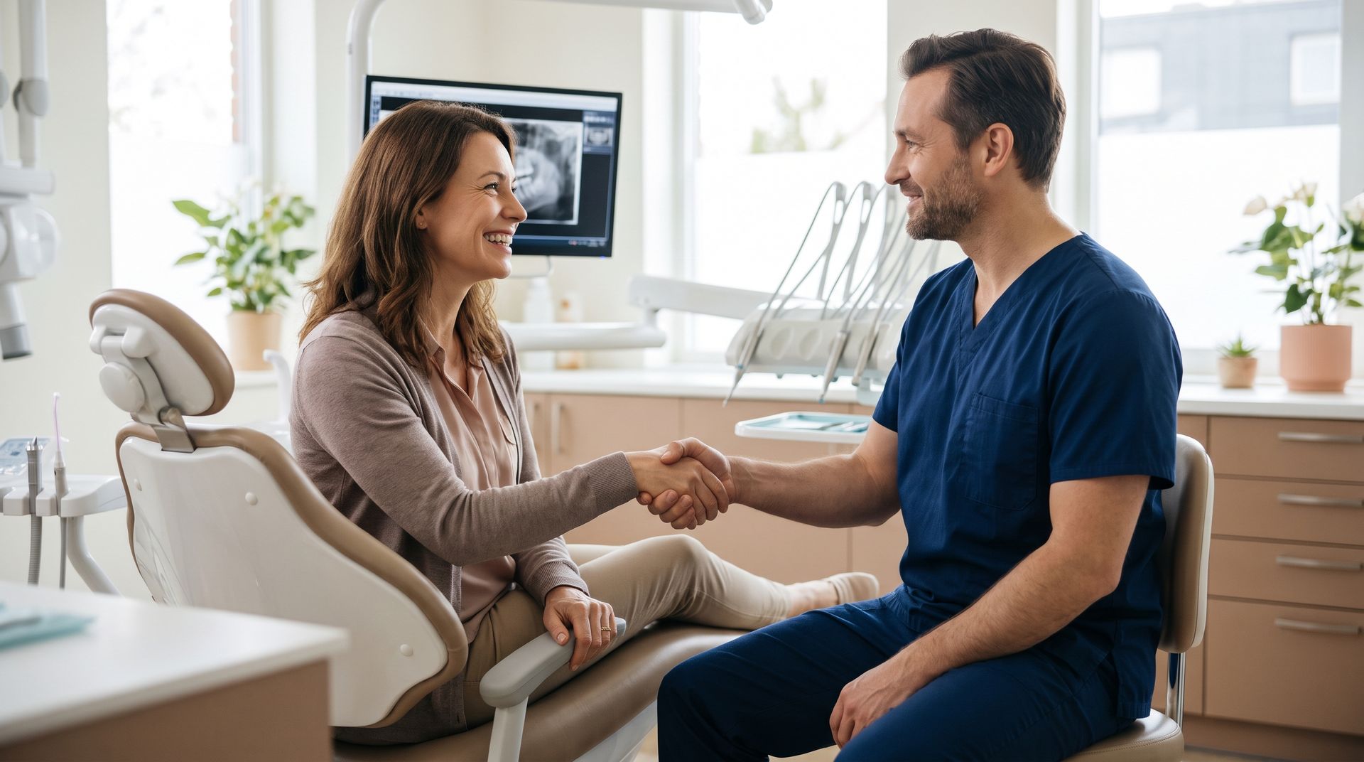 Two people shaking hands in a bright dental exam room, with a dental chair and monitor in the background
