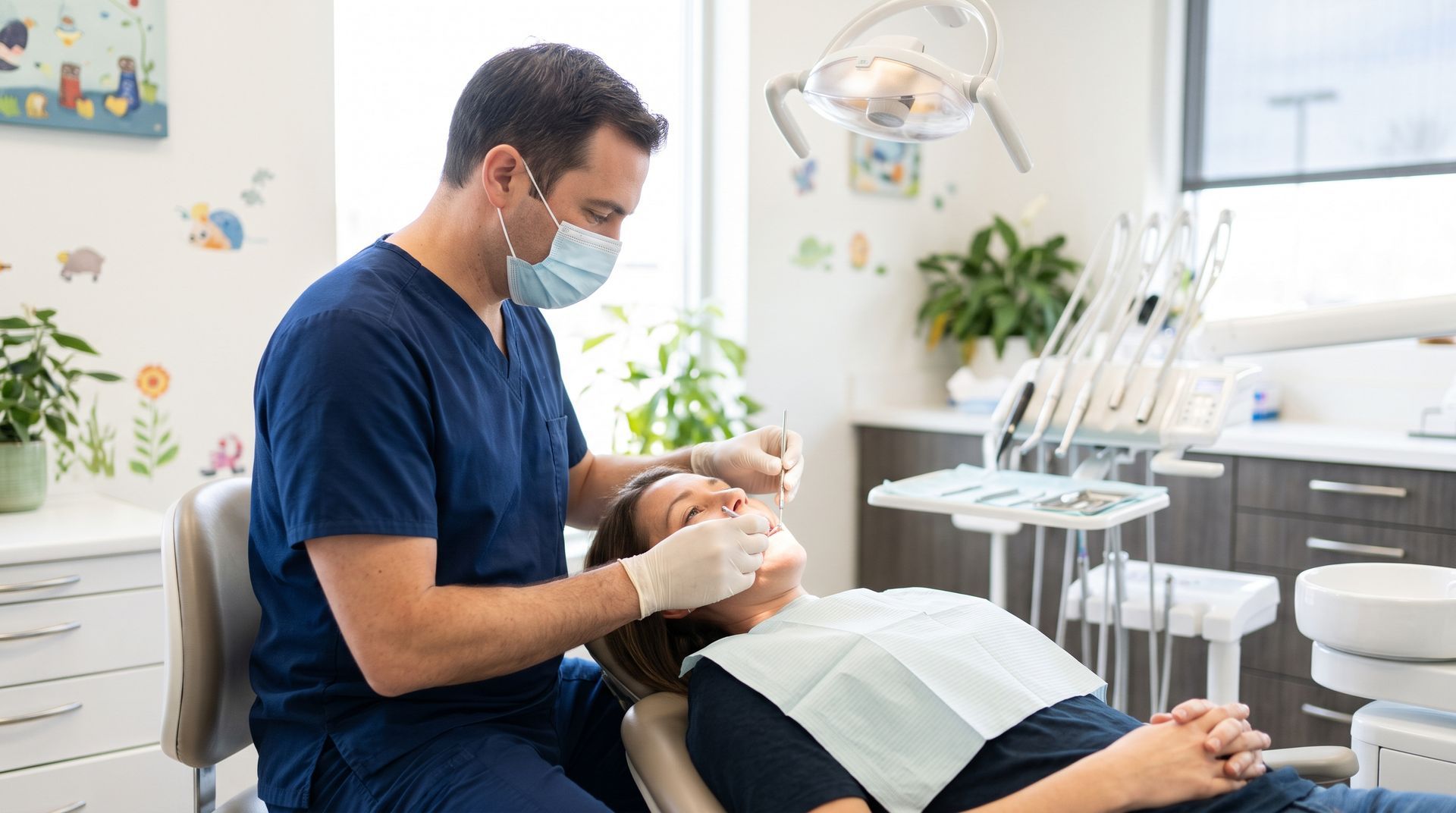 Dentist wearing a mask treating a reclining patient in a bright dental clinic