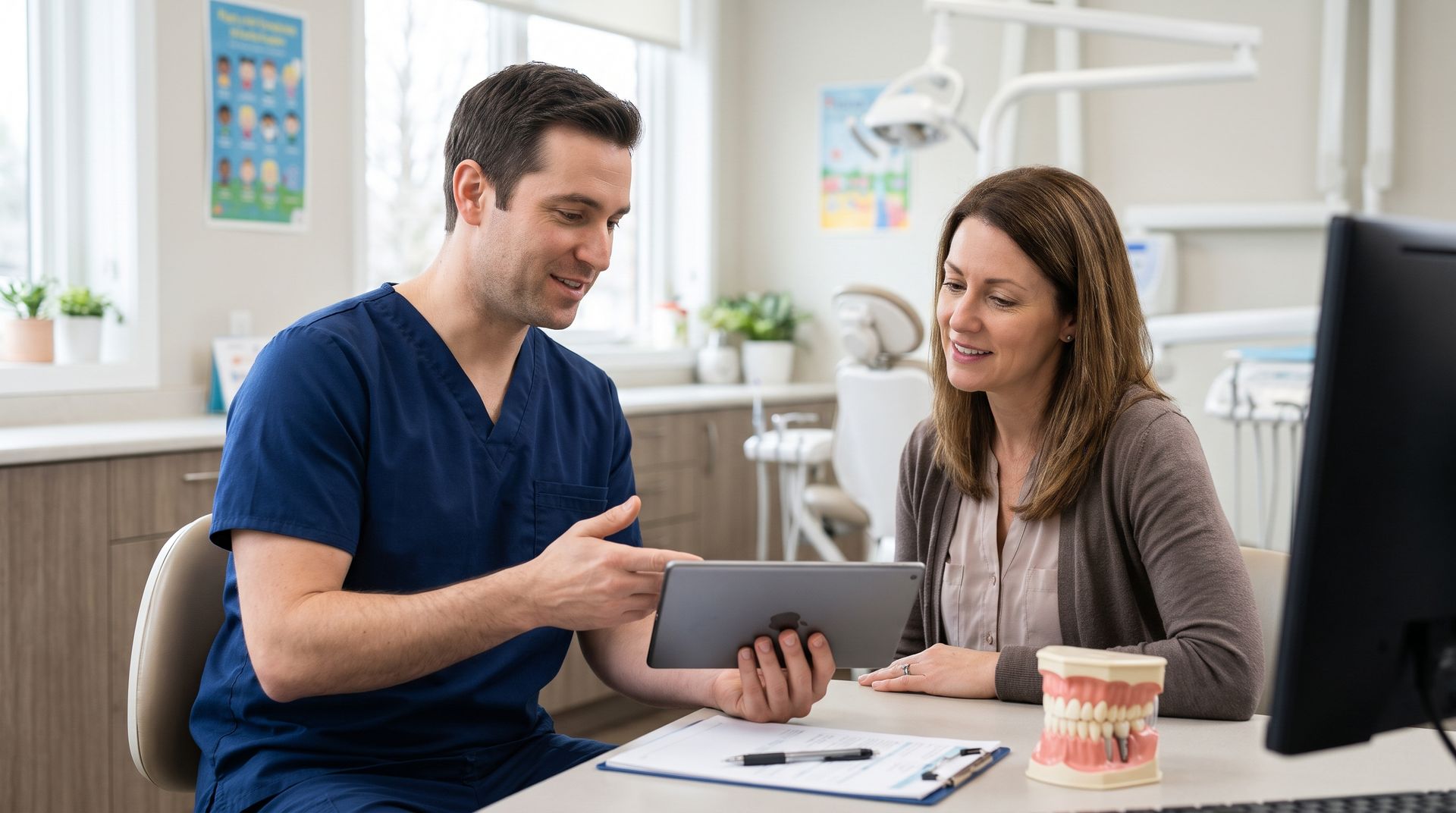 Healthcare worker showing a tablet to a smiling patient in a bright clinic office.