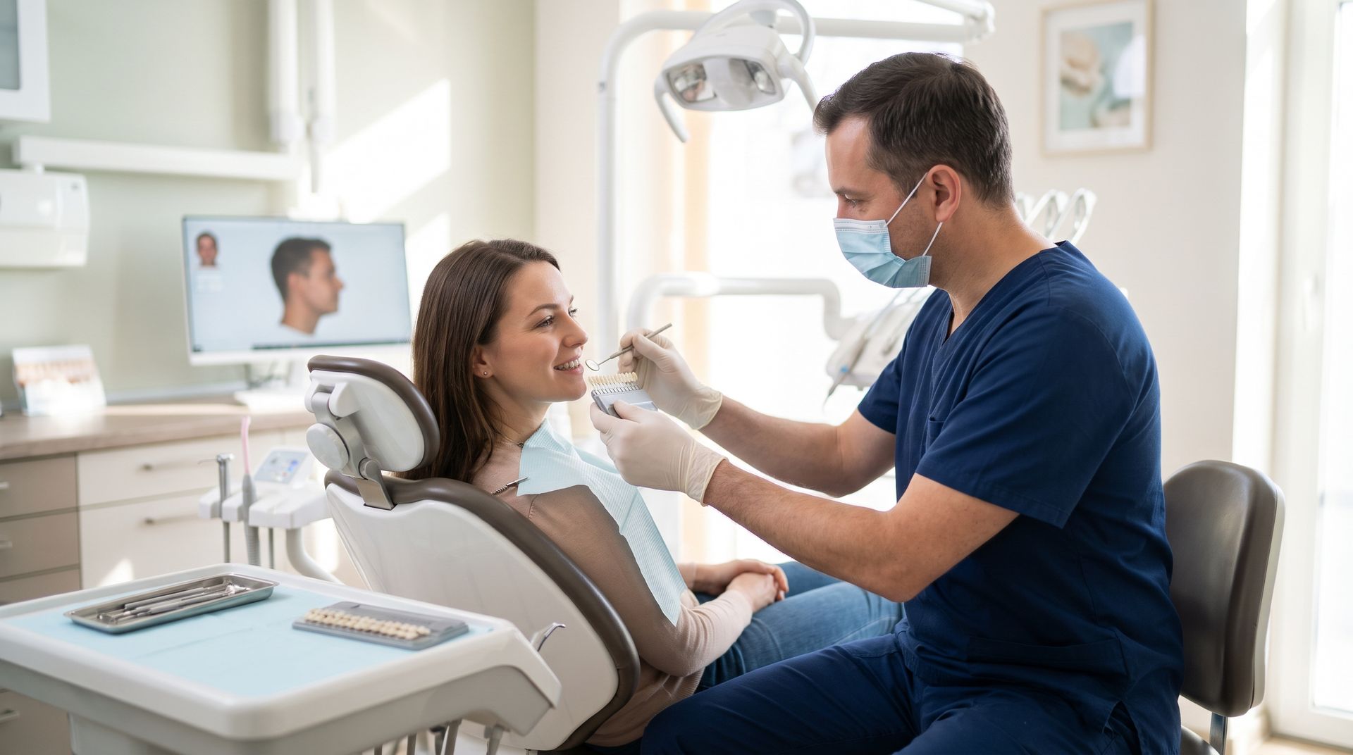Dentist examining a patient in a bright dental office, with monitor and dental chair nearby