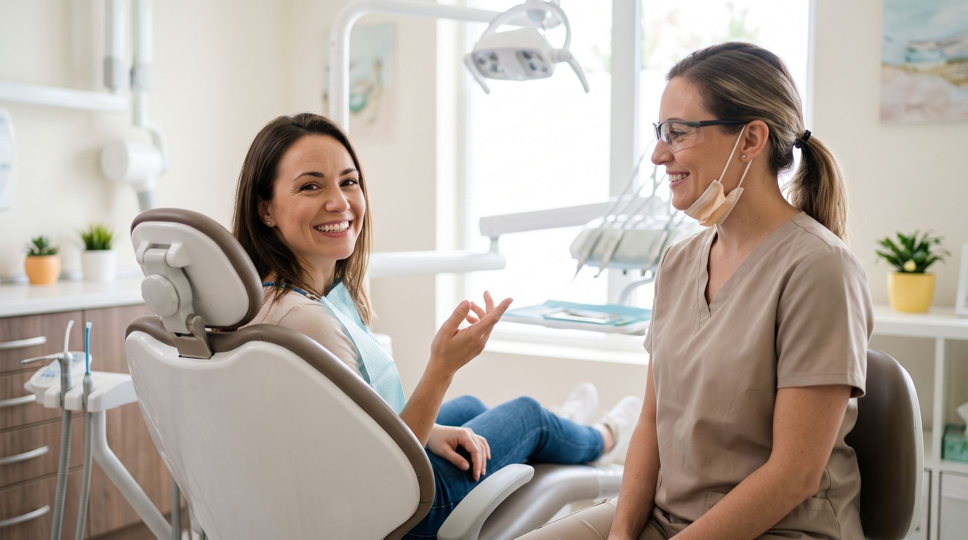 Dentist talking with a smiling patient in a bright dental clinic