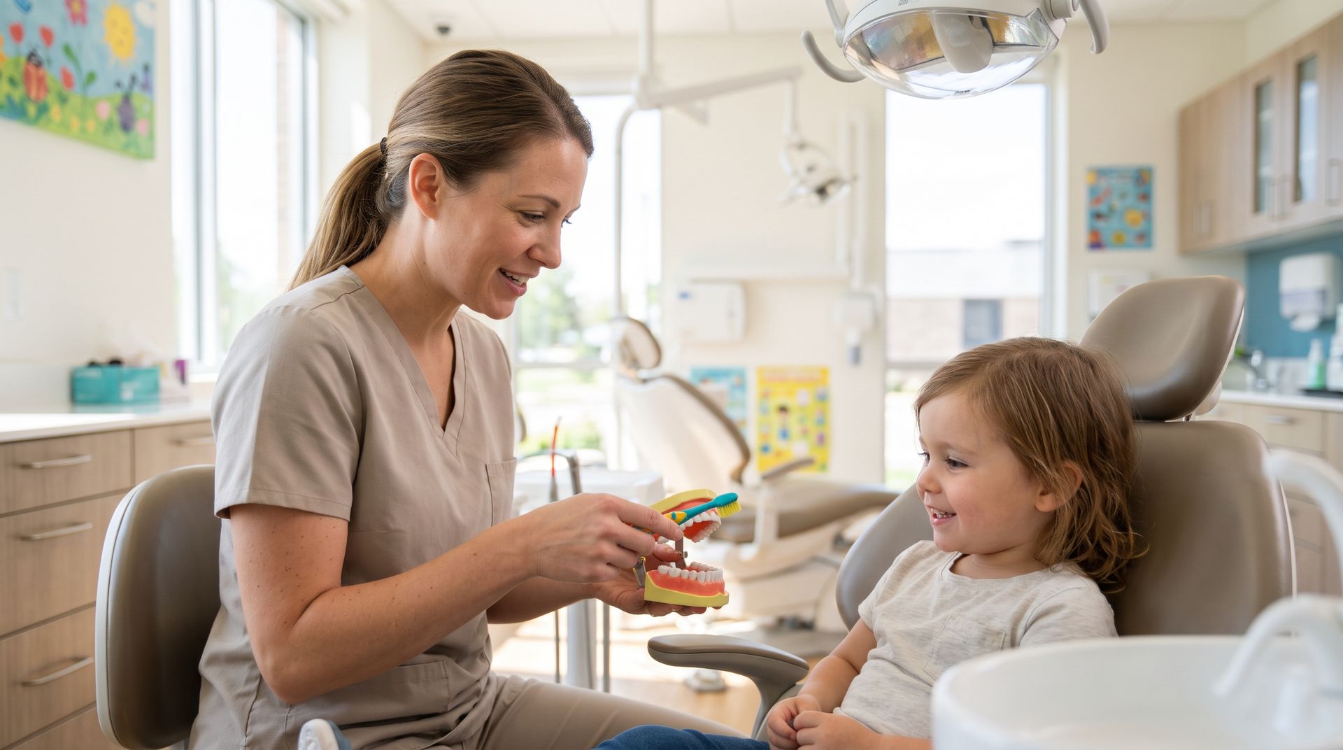 Dentist handing a toy to a child in a bright dental office