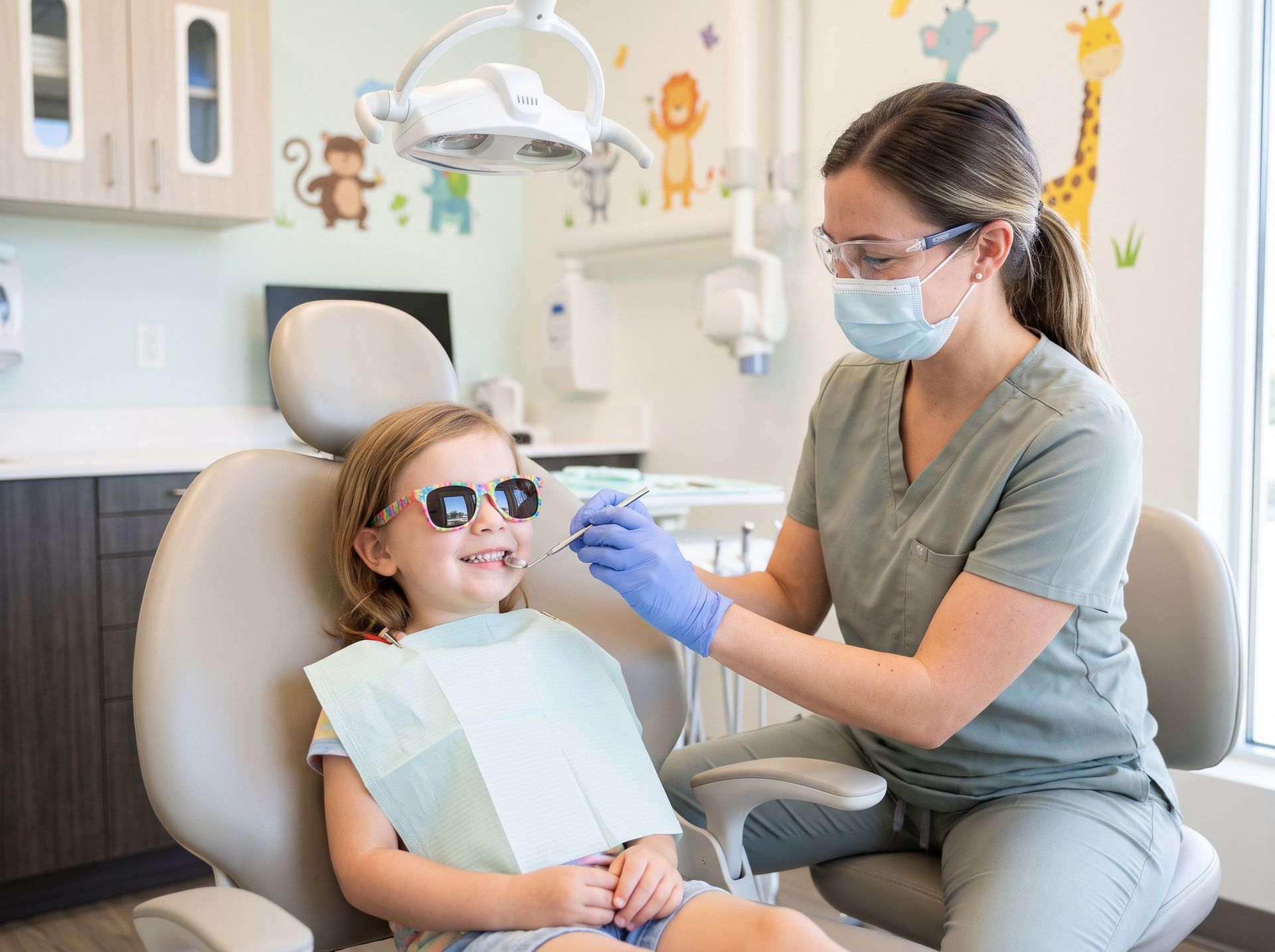 Dentist examining a child in a bright dental office while the child sits in a chair wearing sunglasses and a bib