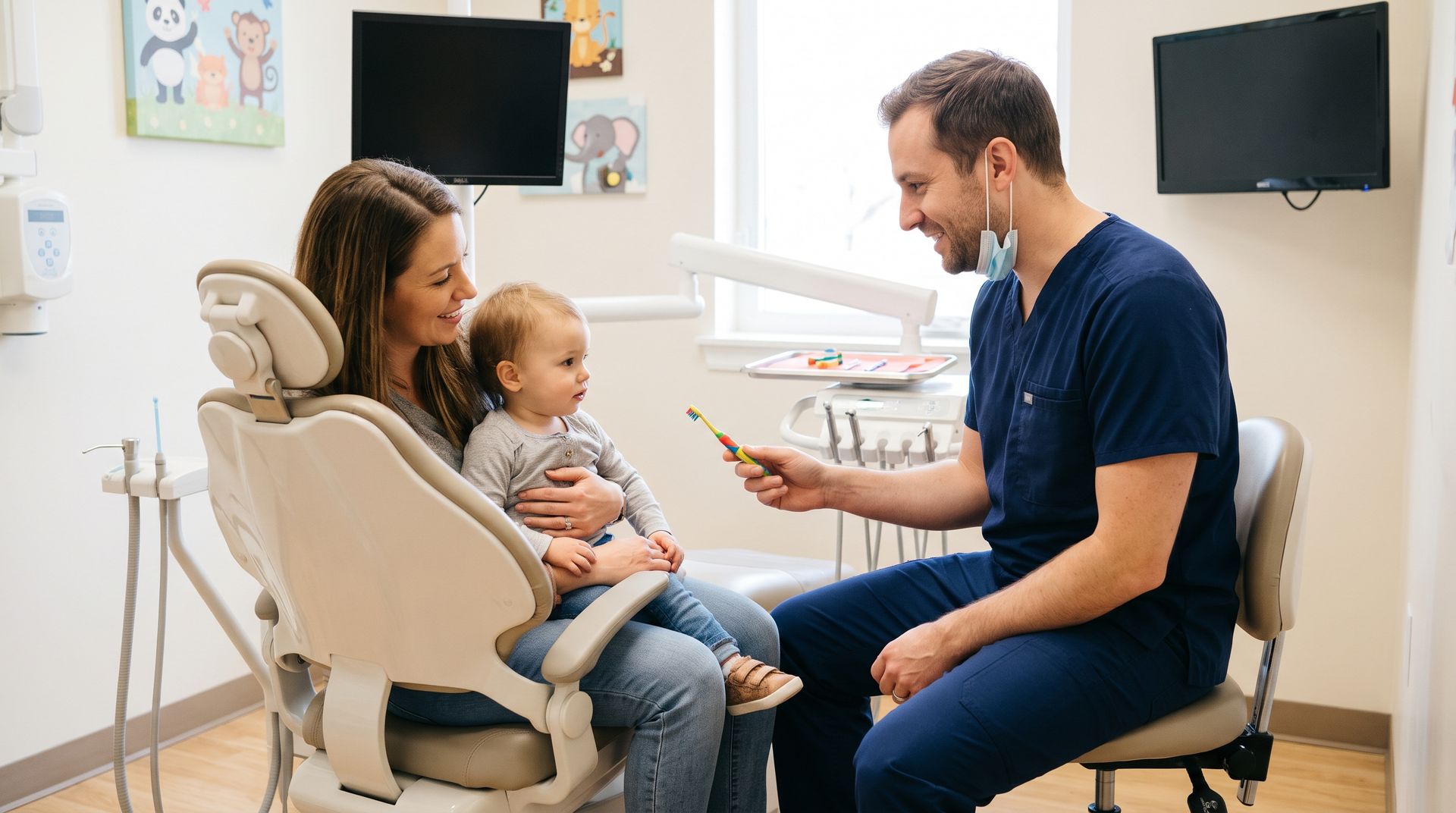 Dentist consulting with a mother and child in a bright pediatric exam room